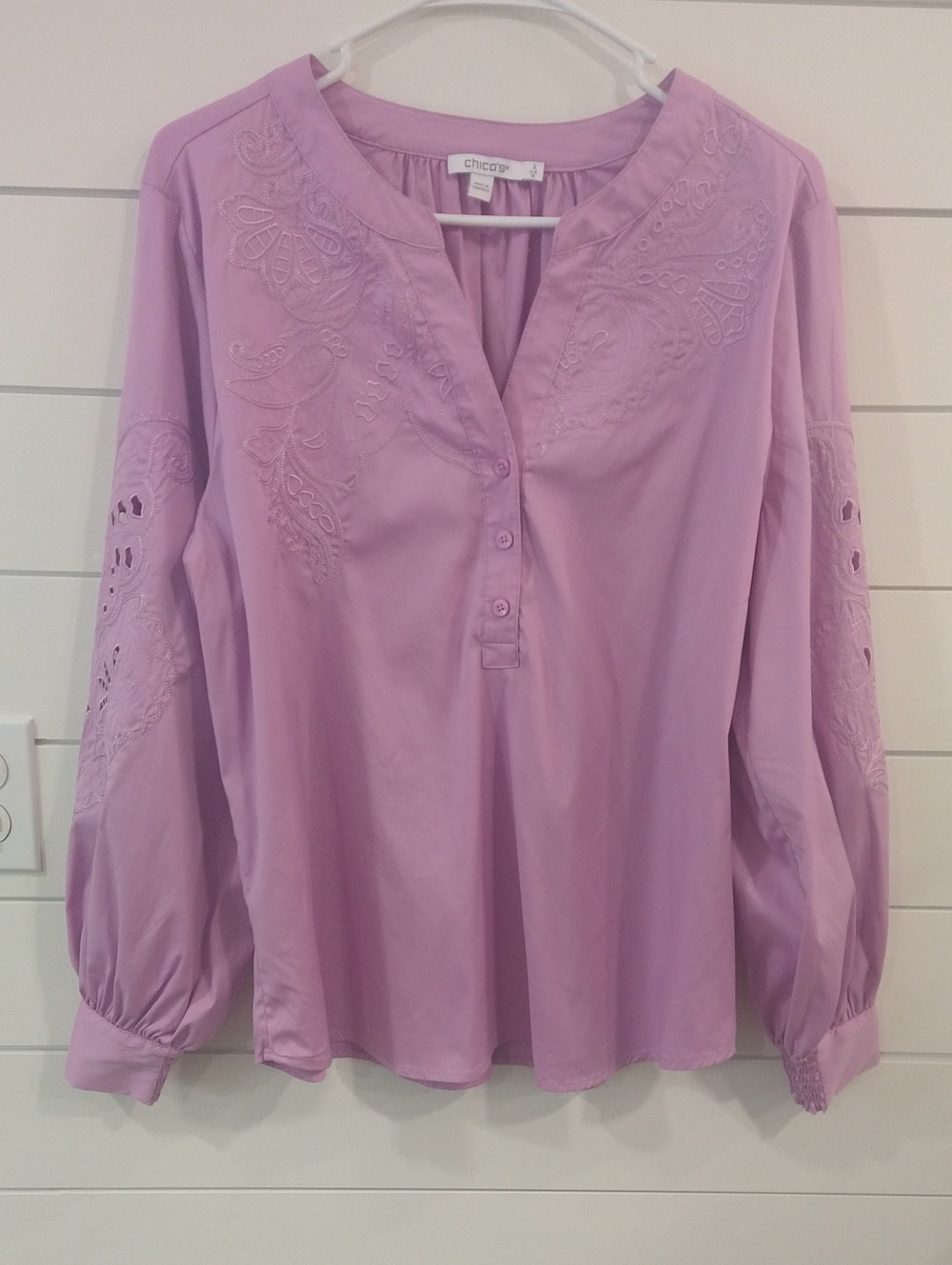 Chico's Lilac Lavender Embroidered Button-Front Lace Tunic 14 Sz 2